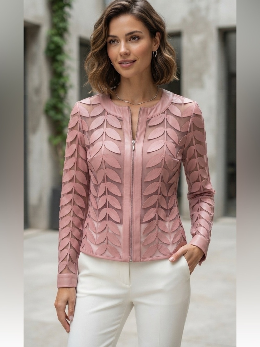 Neiman Marcus The Leather Collection Leaf Mesh Jacket Sz M Applique Zip Mauve